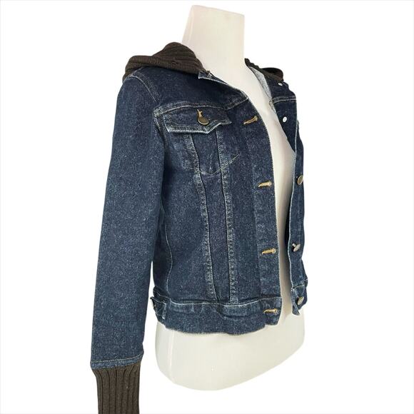THEORY Kat Indy Denim Dark Wash Trucker Jacket w/ Wool Sweater Hood/Trim Size XS - Picture 3 of 7